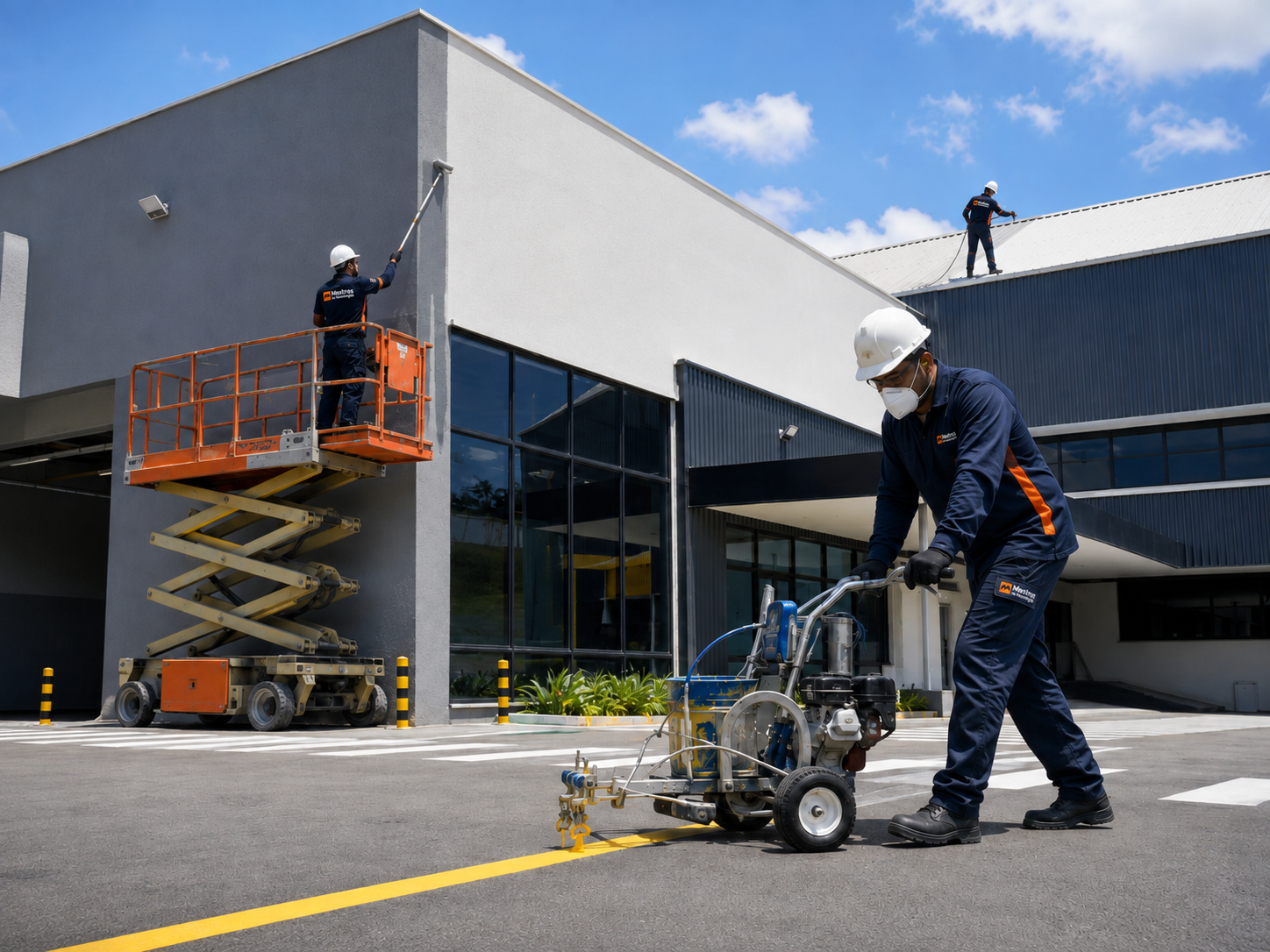 Equipe da Mestres da Manutenção em manutenção externa: pintura de fachada em plataforma elevatória e pintura viária no pátio