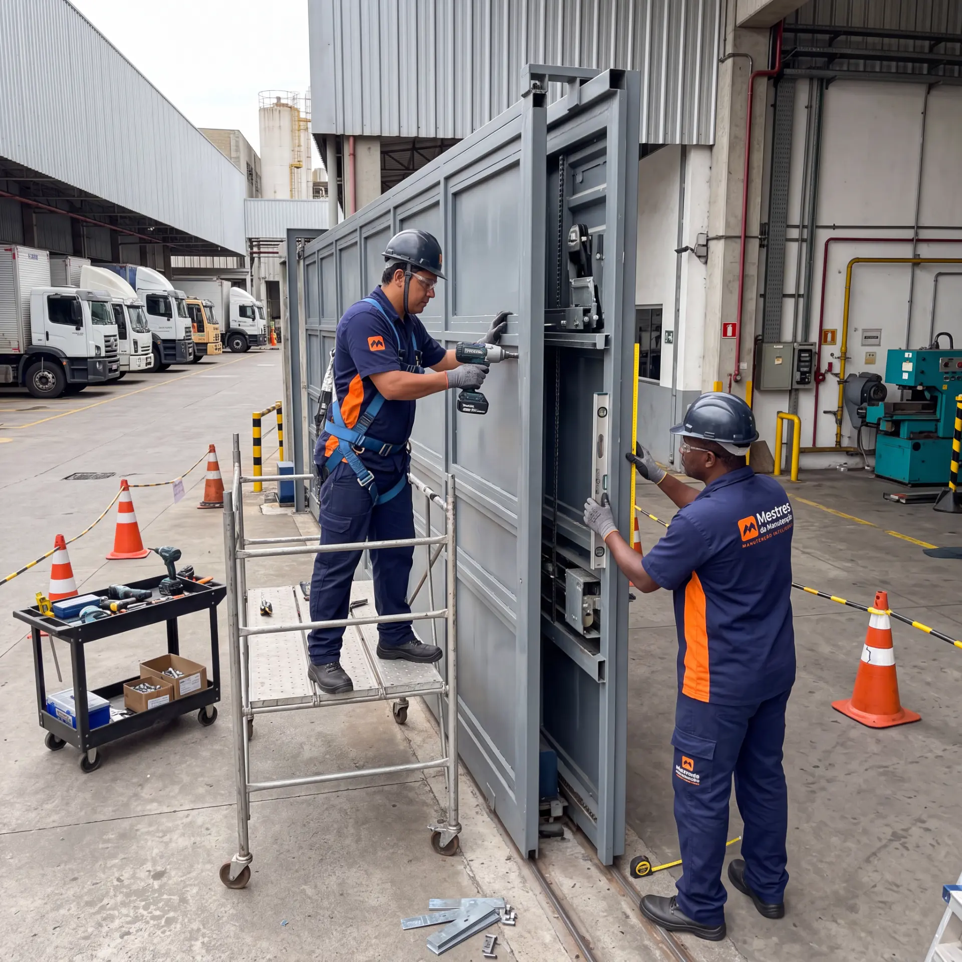 Dois profissionais instalando portão industrial de correr em área de carga