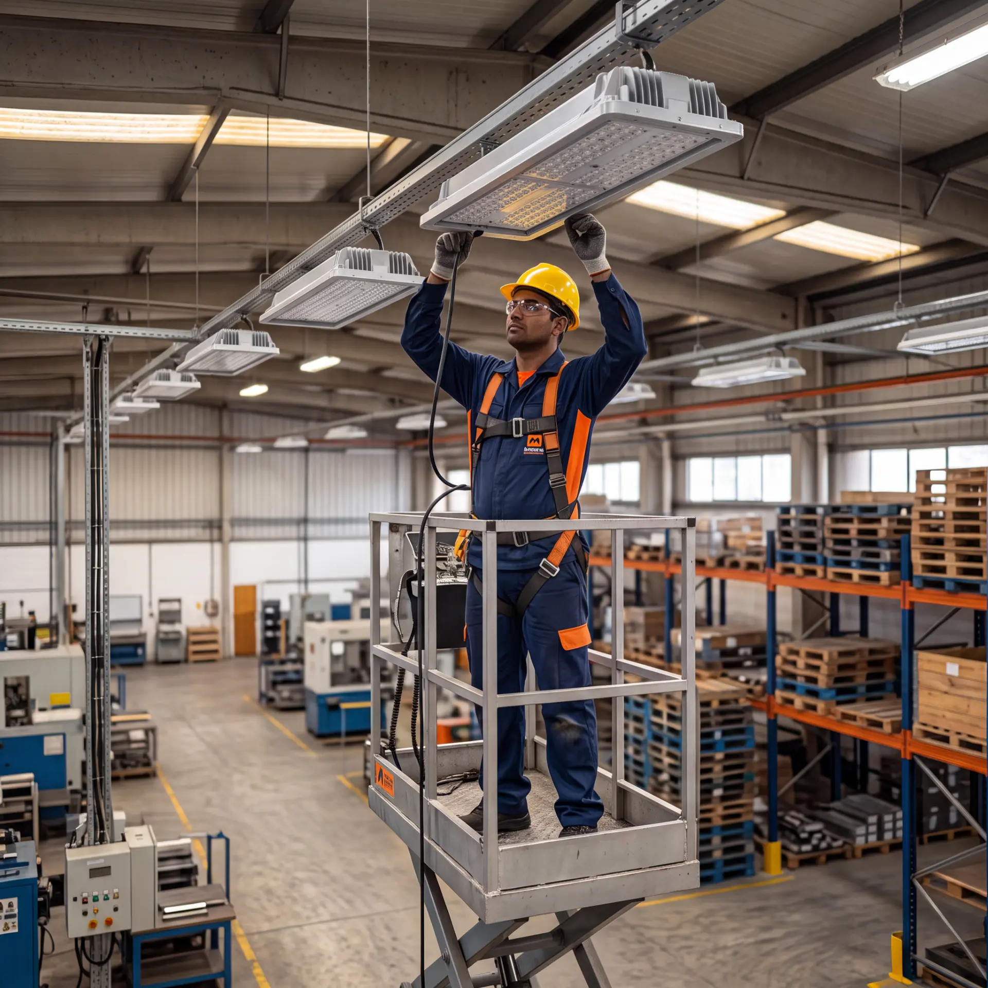 Técnico realizando manutenção de iluminação industrial