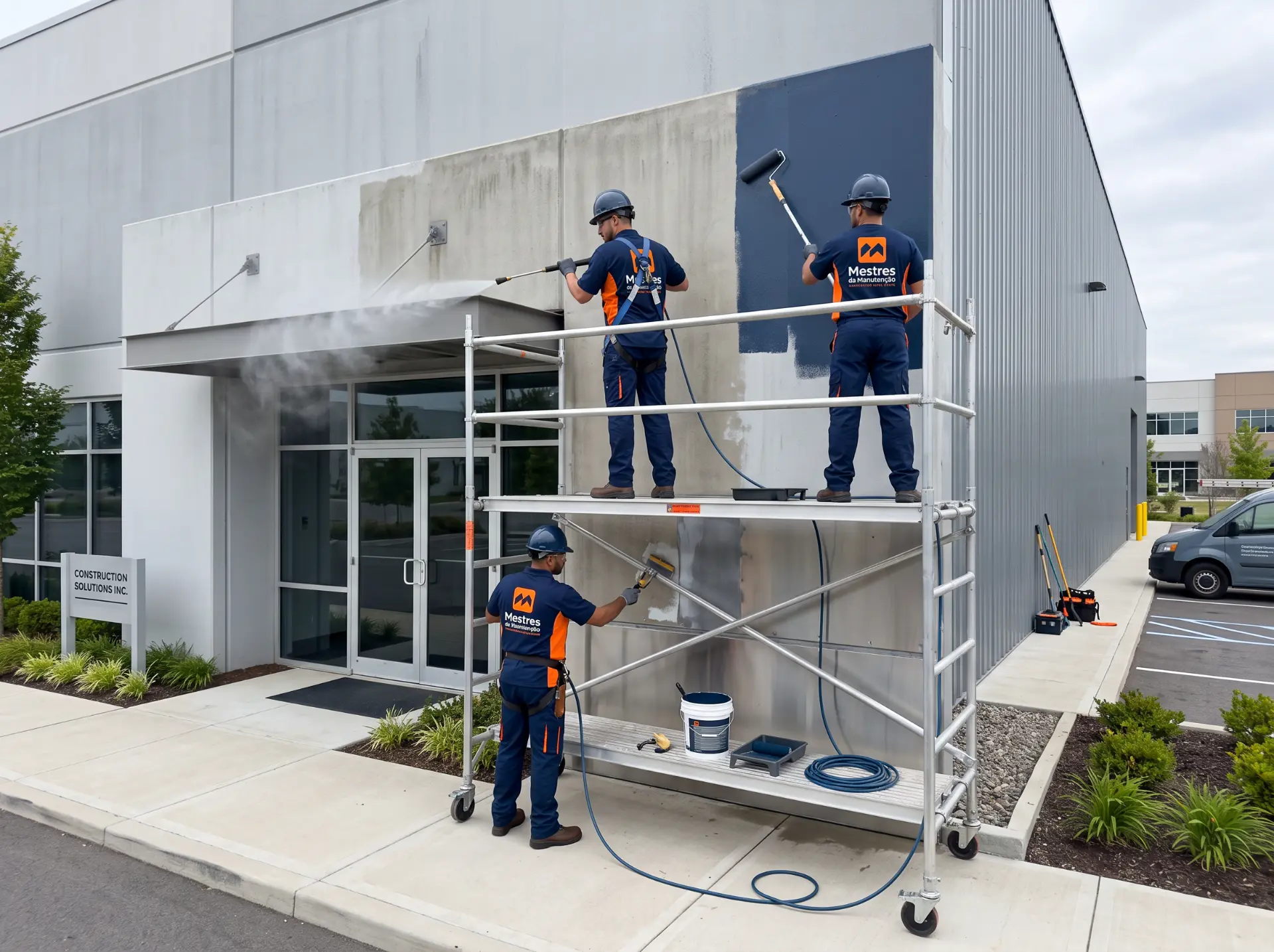 Equipe uniformizada da Mestres da Manutenção executando pintura e lavagem de fachada corporativa