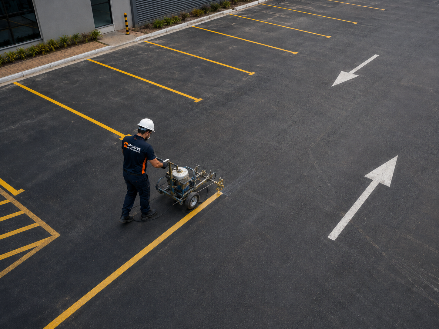 Profissional executando pintura viária de demarcação em estacionamento industrial