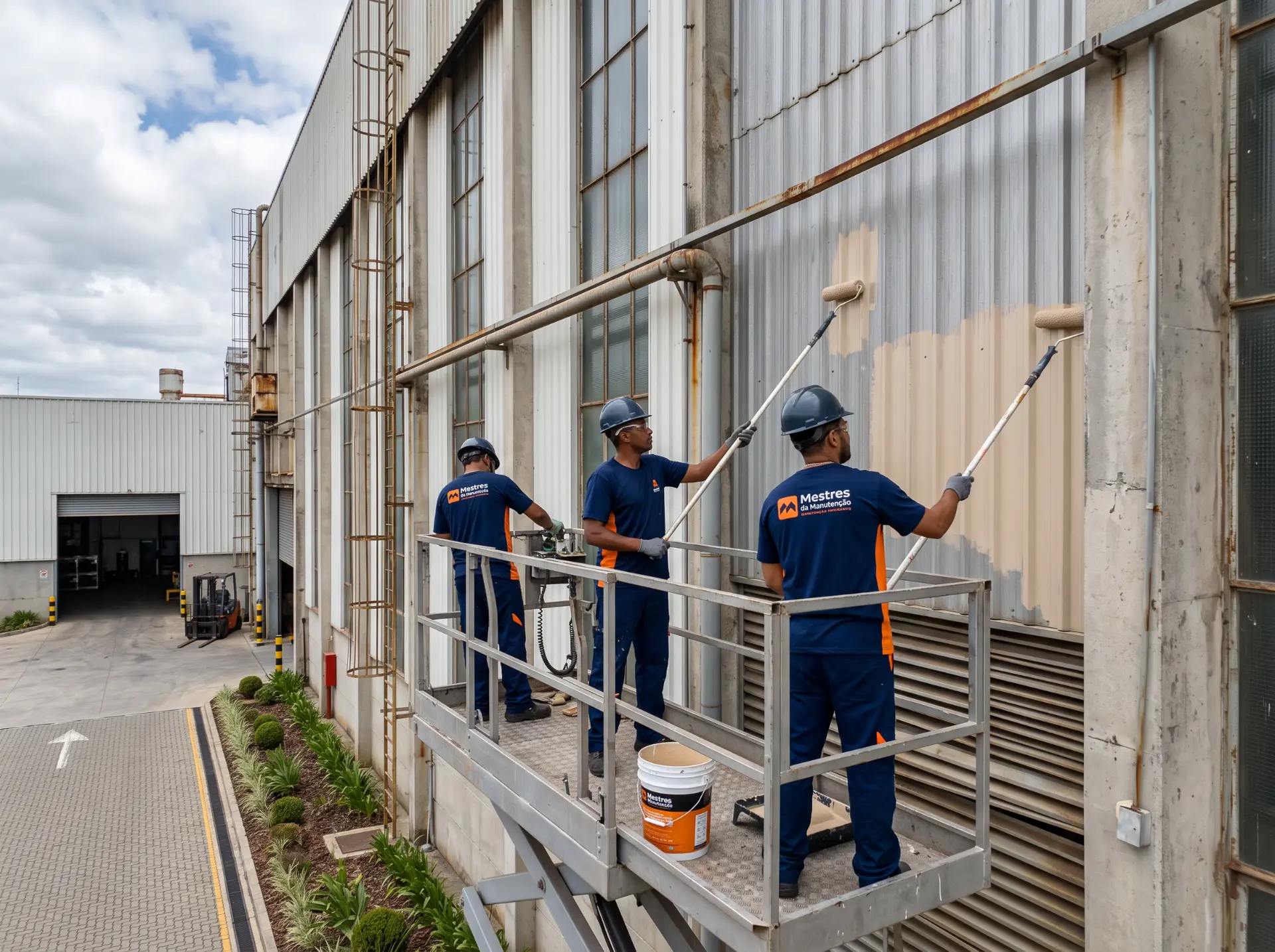 Manutenção de galpão industrial com equipe em plataforma elevatória