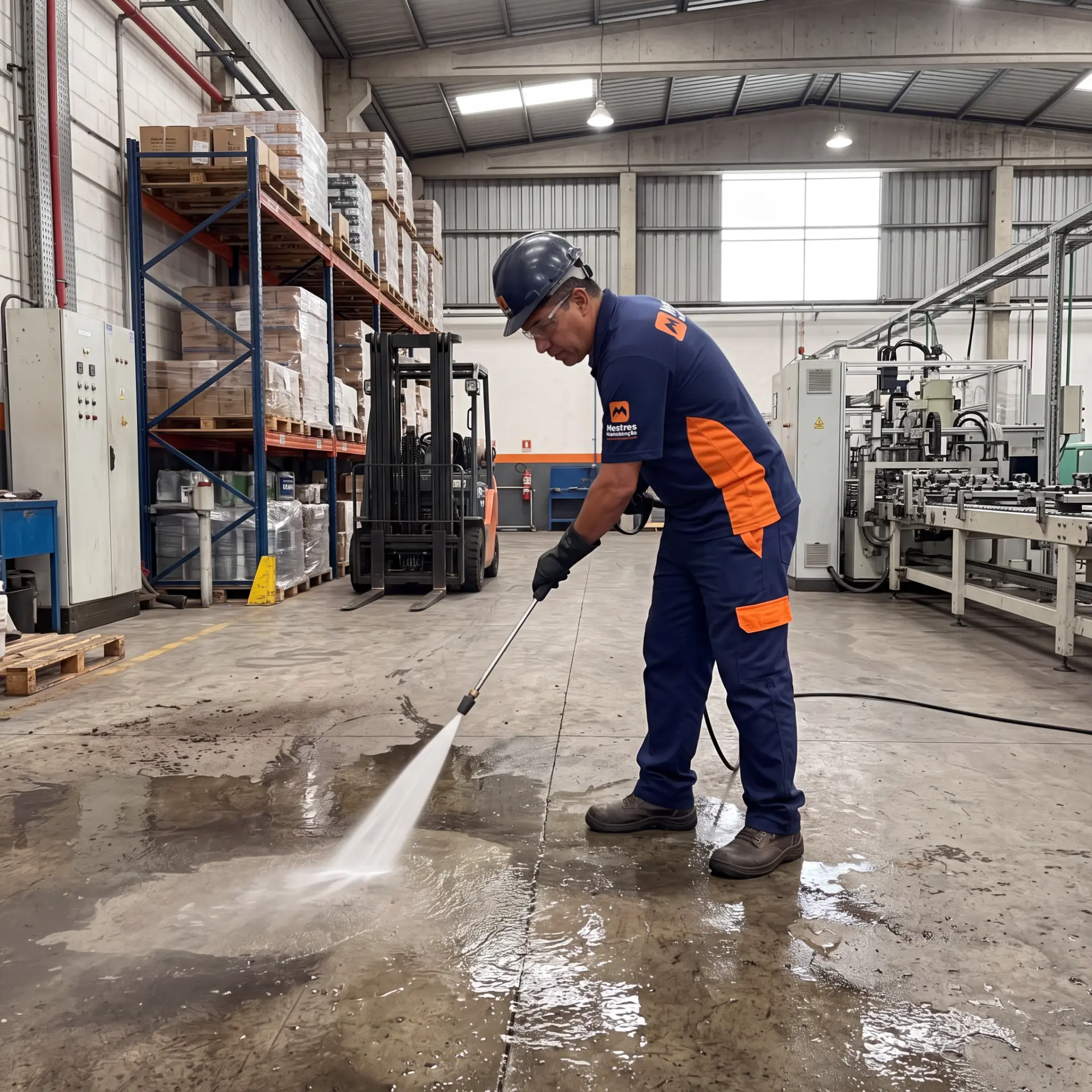 Profissional realizando lavagem técnica de piso industrial com lavadora de alta pressão